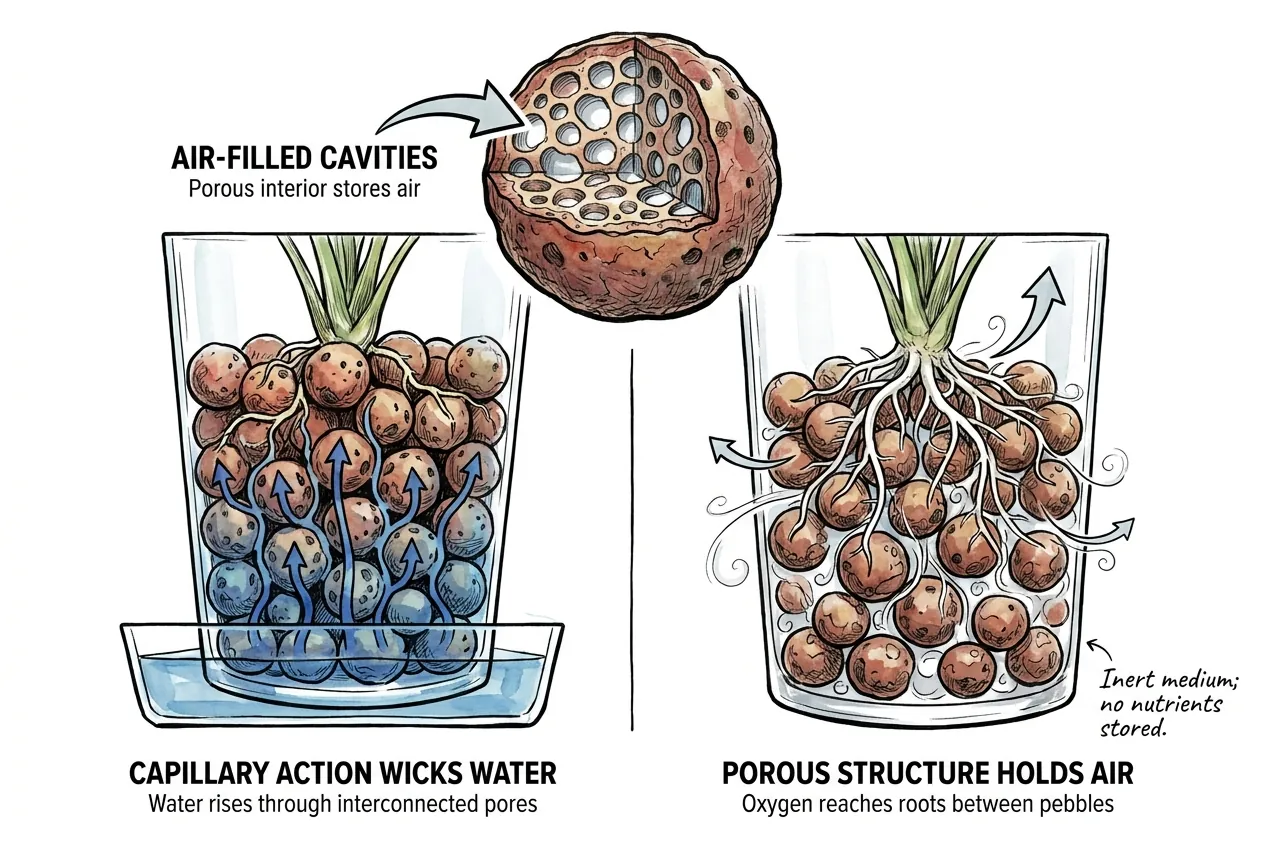 Cutaway of expanded clay pebbles showing internal air-filled pores and water wicking upward between pieces, with dry air channels above the wet zone.