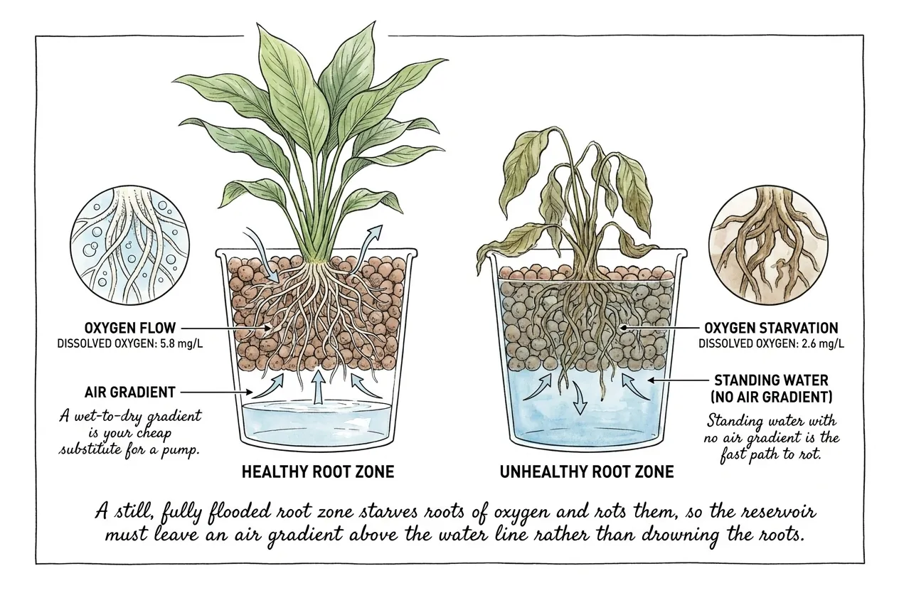 Side-by-side comparison of healthy white water roots in an oxygenated root zone against brown, decayed roots from a flooded, low-oxygen reservoir.