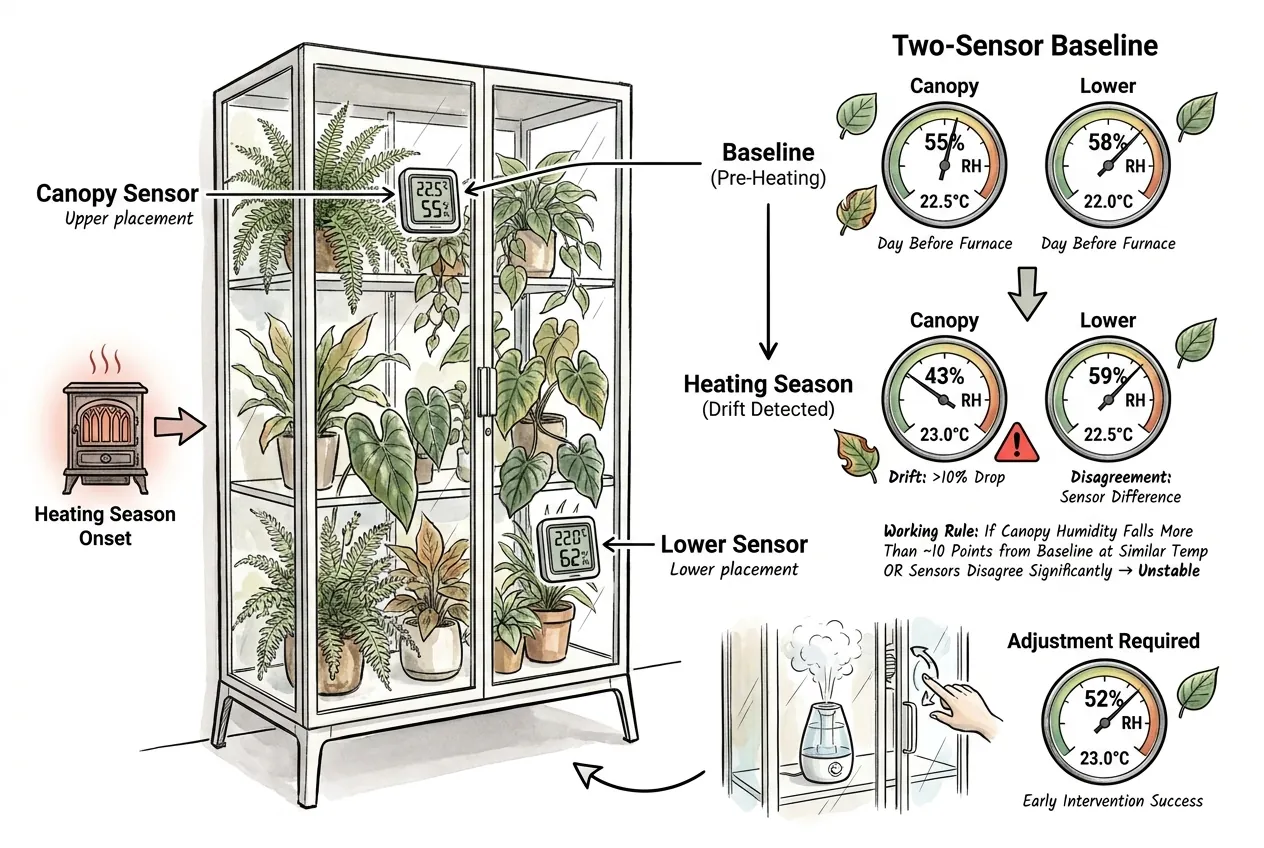 Two hygrometers placed at canopy and floor height inside a plant cabinet