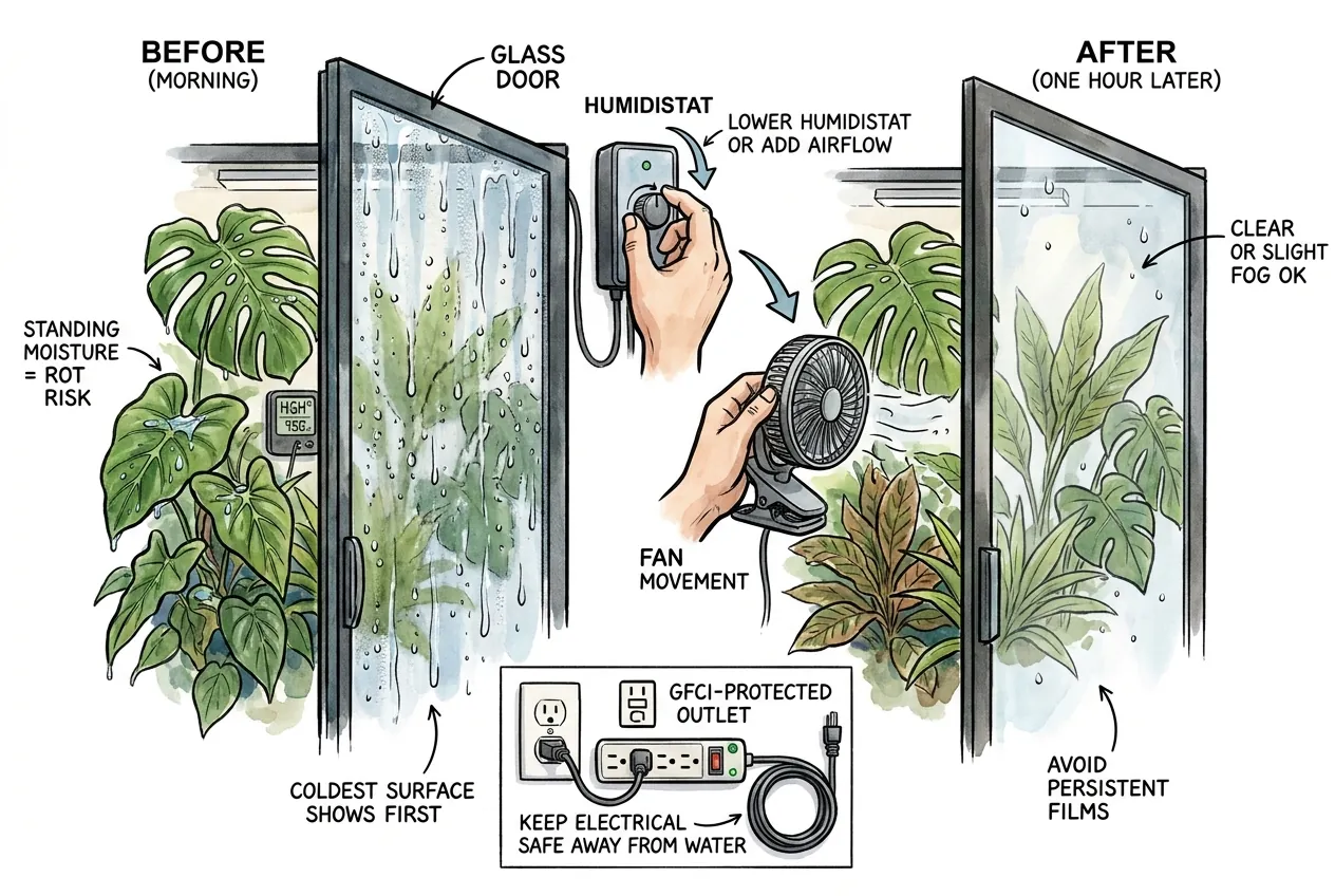 Condensation droplets on the cold glass door of a plant cabinet