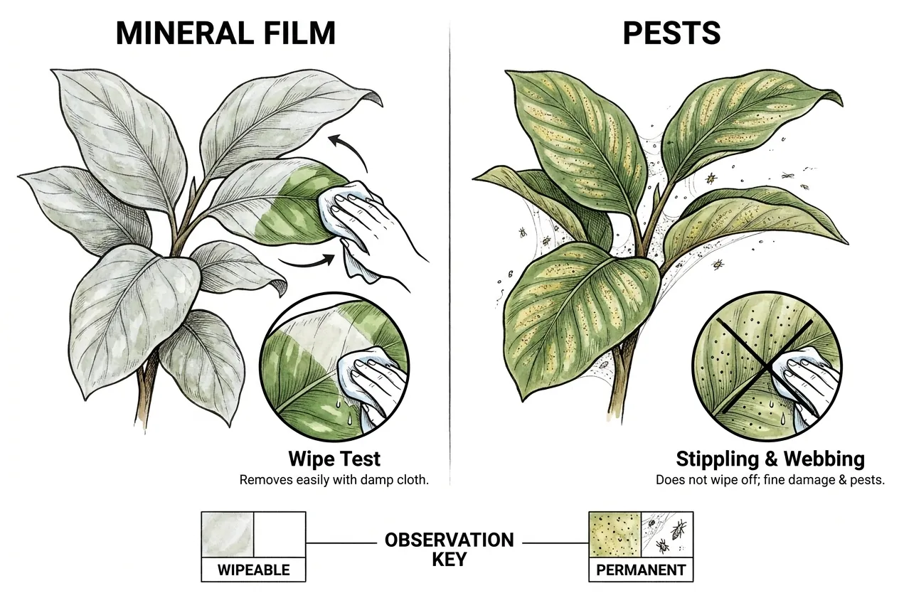 Pale mineral film on a leaf compared with fine pest stippling