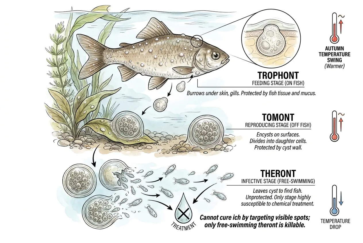 Ich life cycle showing trophont on fish, tomont cyst, and free-swimming theront
