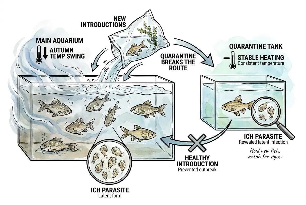 New fish routed through a stable-temperature quarantine tank before the main aquarium
