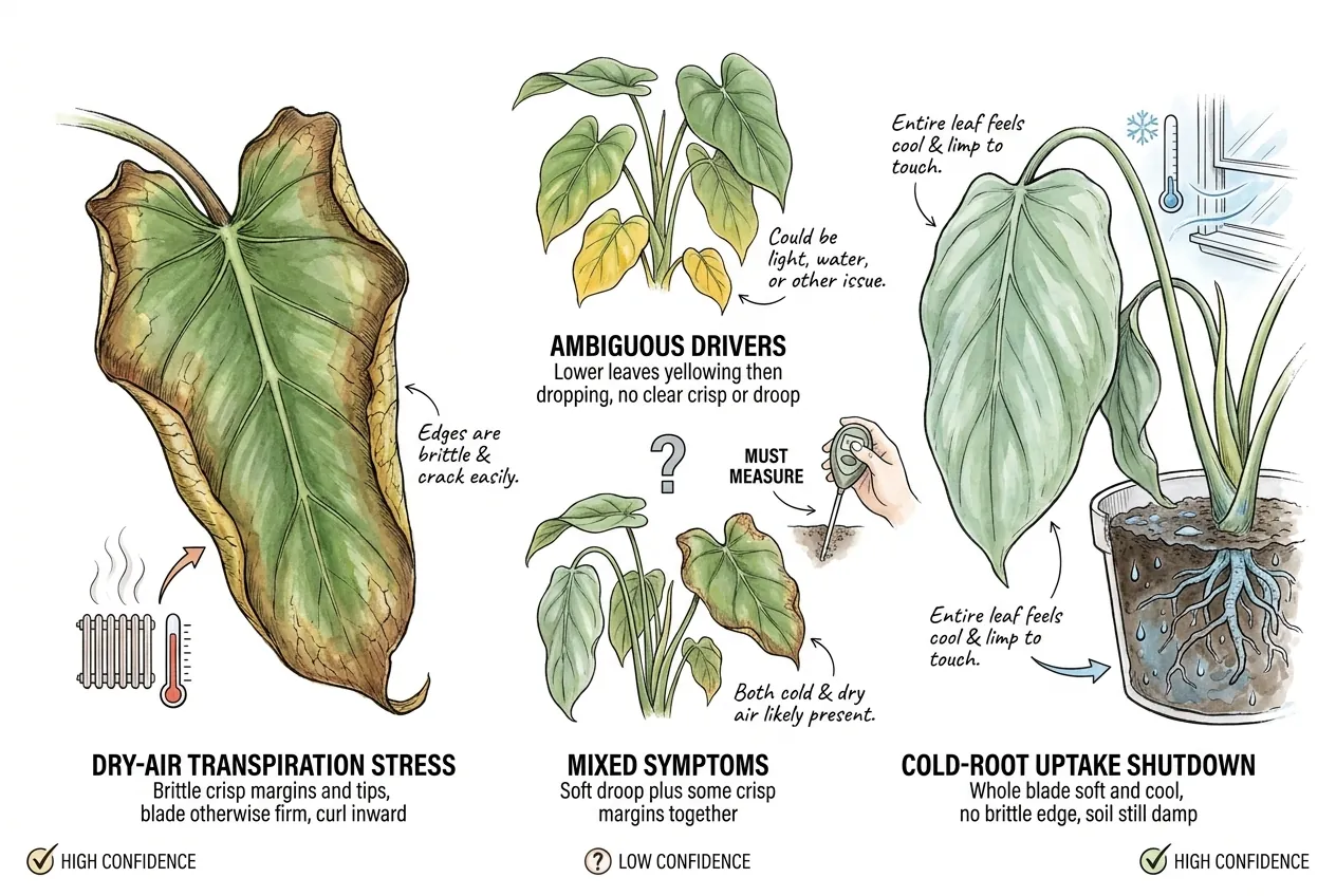 Comparison of a dry-air crisped leaf margin against a soft cold-root droop for diagnosing aroid leaf drop