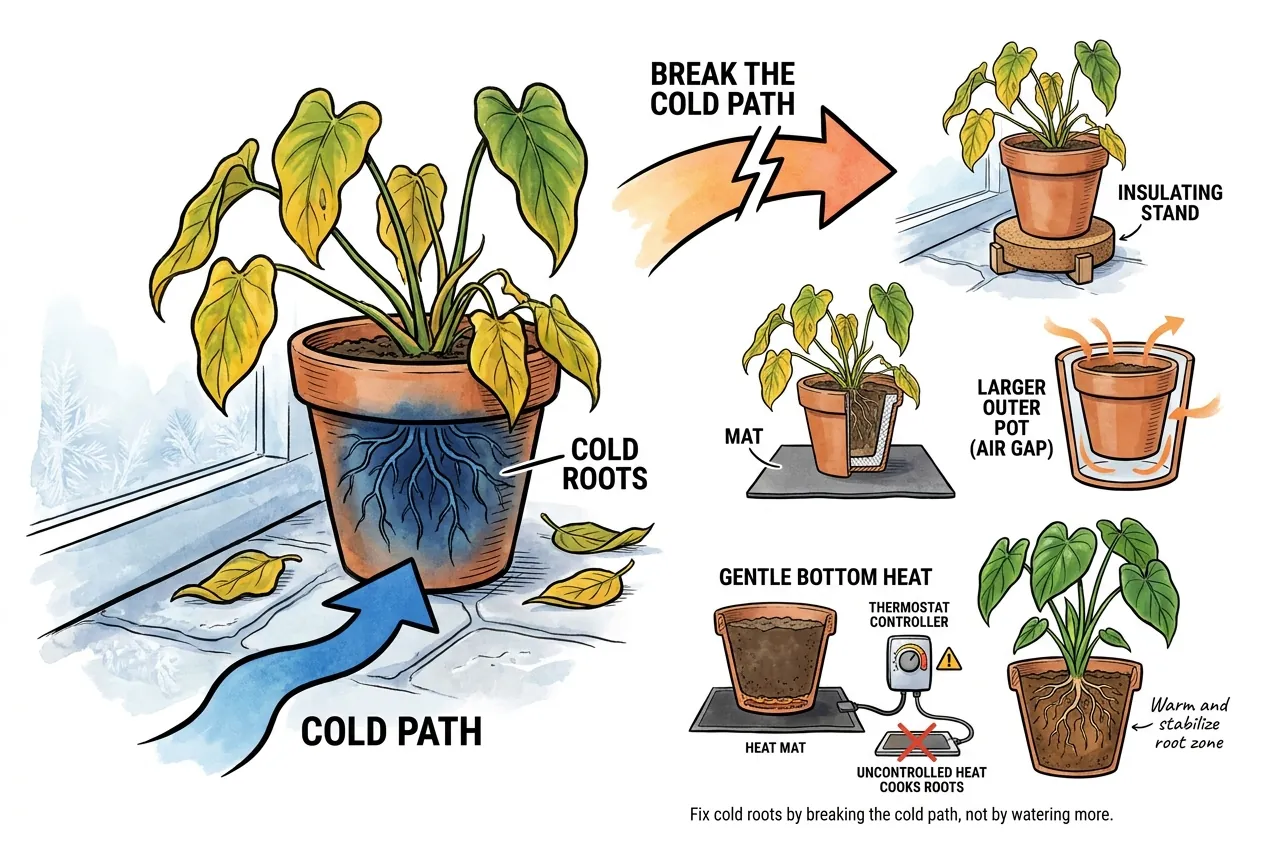 A potted aroid lifted off a cold floor onto an insulating stand away from a cold window to warm the root zone