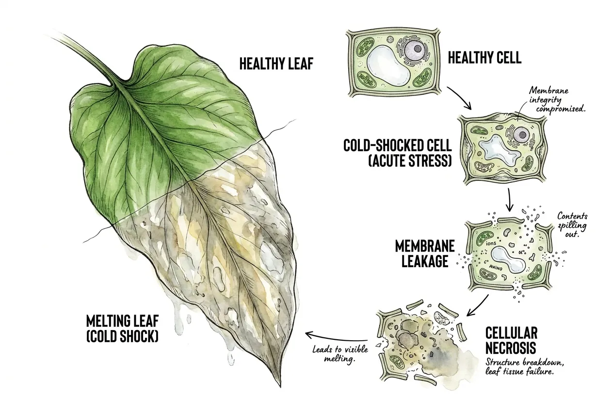 Close-up of a cryptocoryne leaf going limp and translucent as cold stress damages its cell membranes