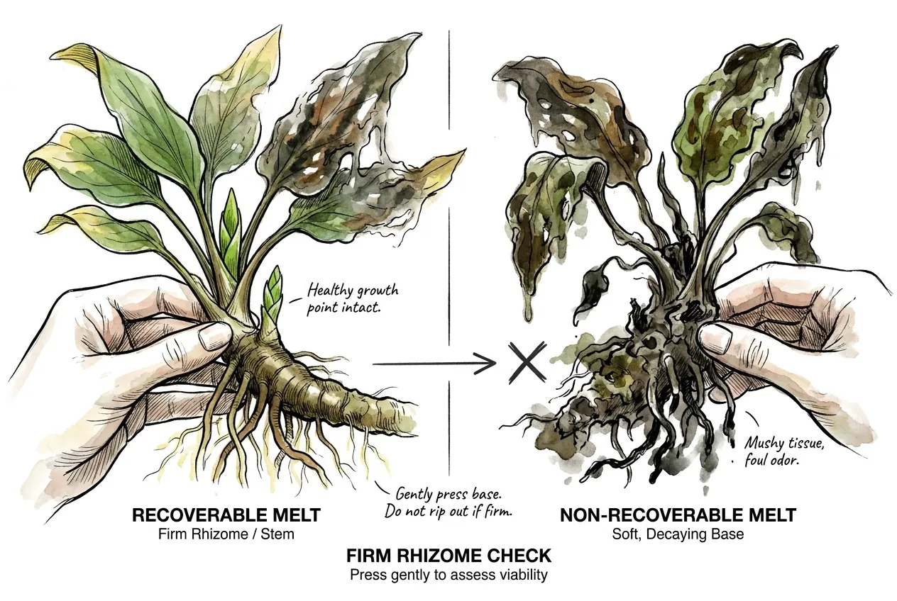 Fingertip gently pressing a cryptocoryne rhizome in the substrate to test firmness and tell melt from rot