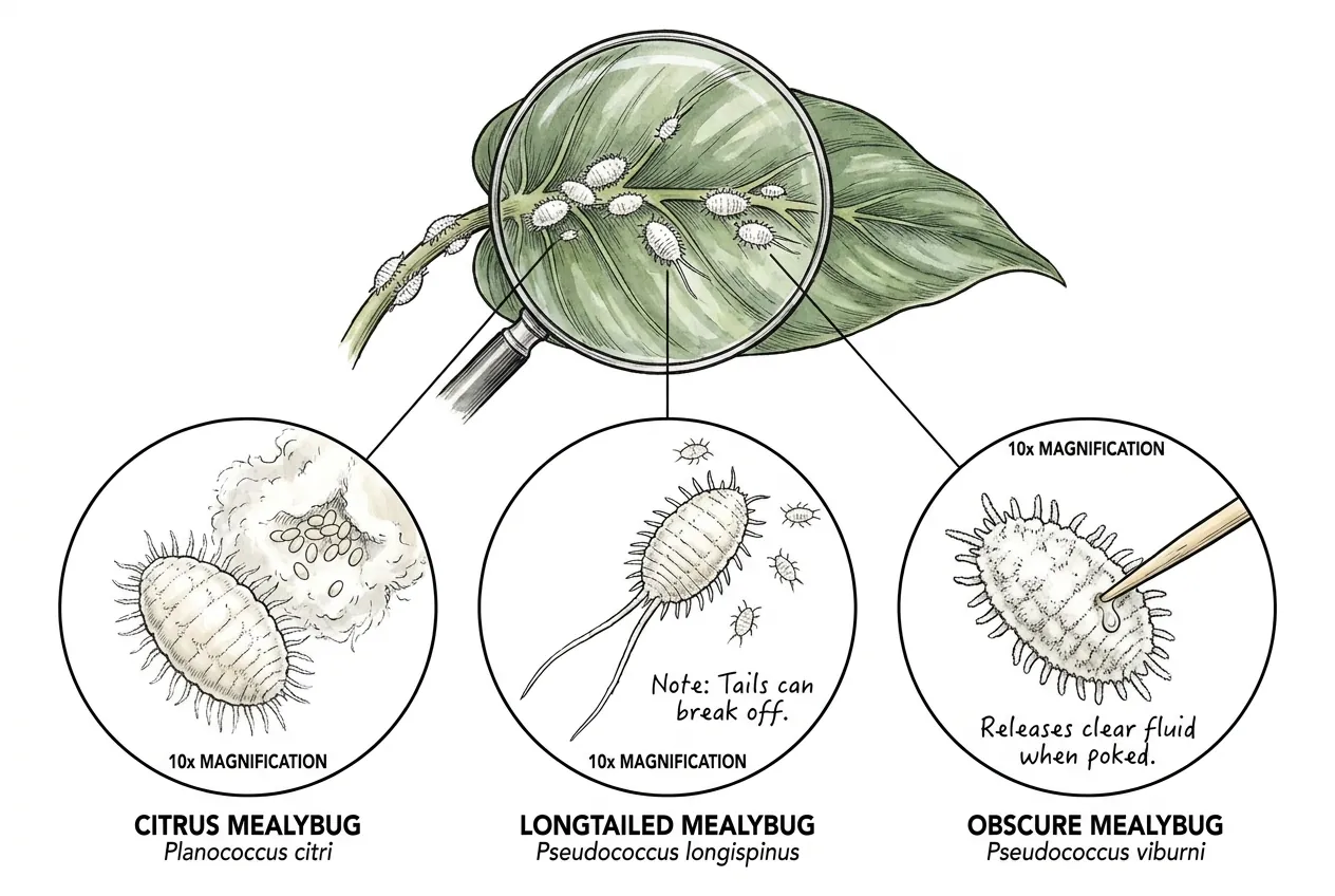 Citrus, longtailed and obscure mealybugs on a philodendron leaf compared under a 10x lens