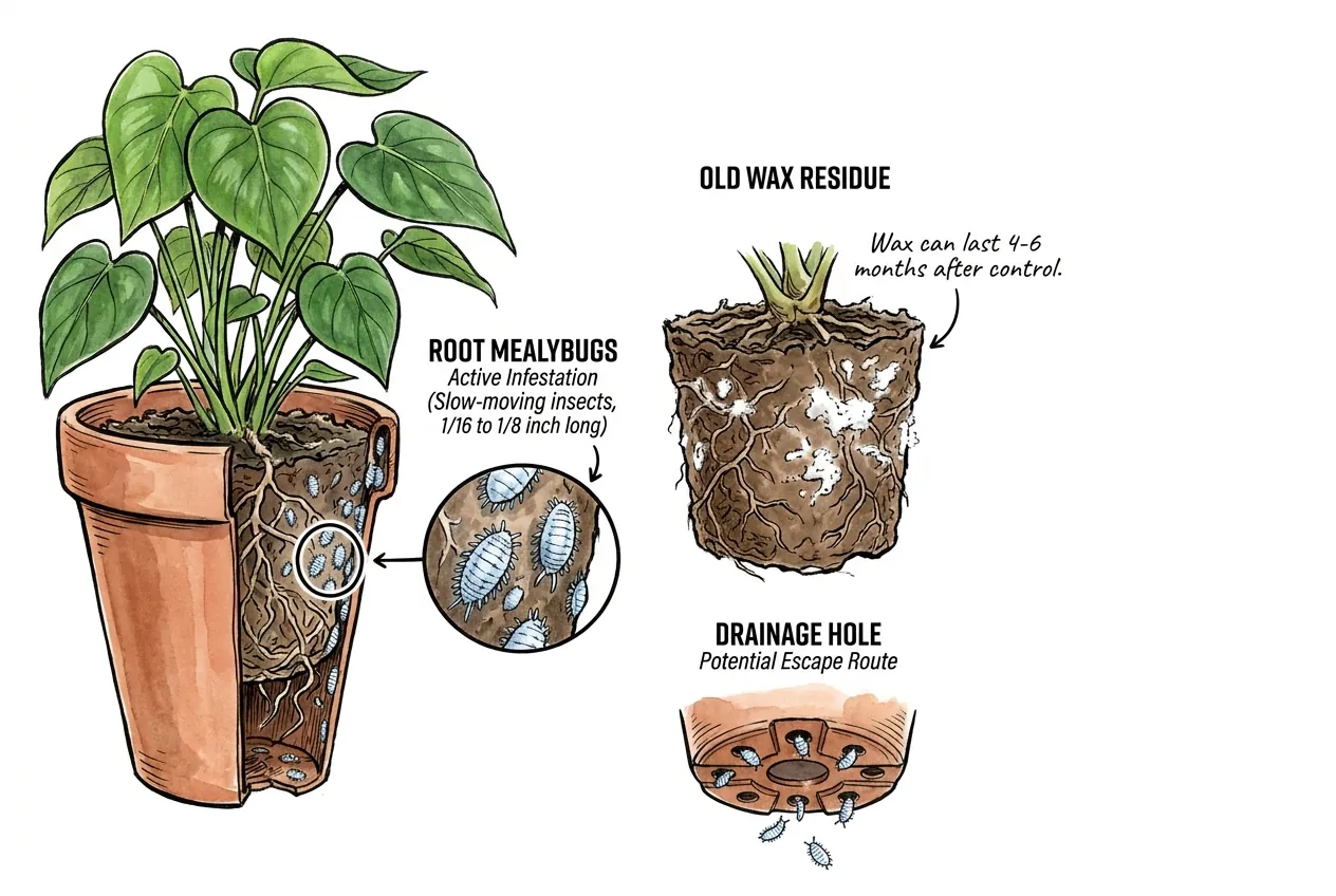 Cutaway pot with bluish root mealybugs on the root ball beside old wax residue and a crawler-escape drainage hole