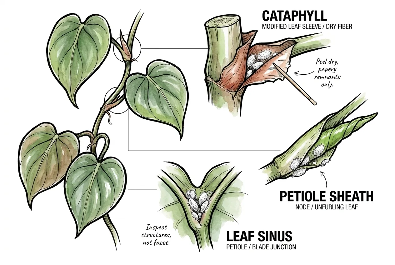 Mealybugs hiding inside a dry cataphyll, a petiole sheath and the leaf sinus