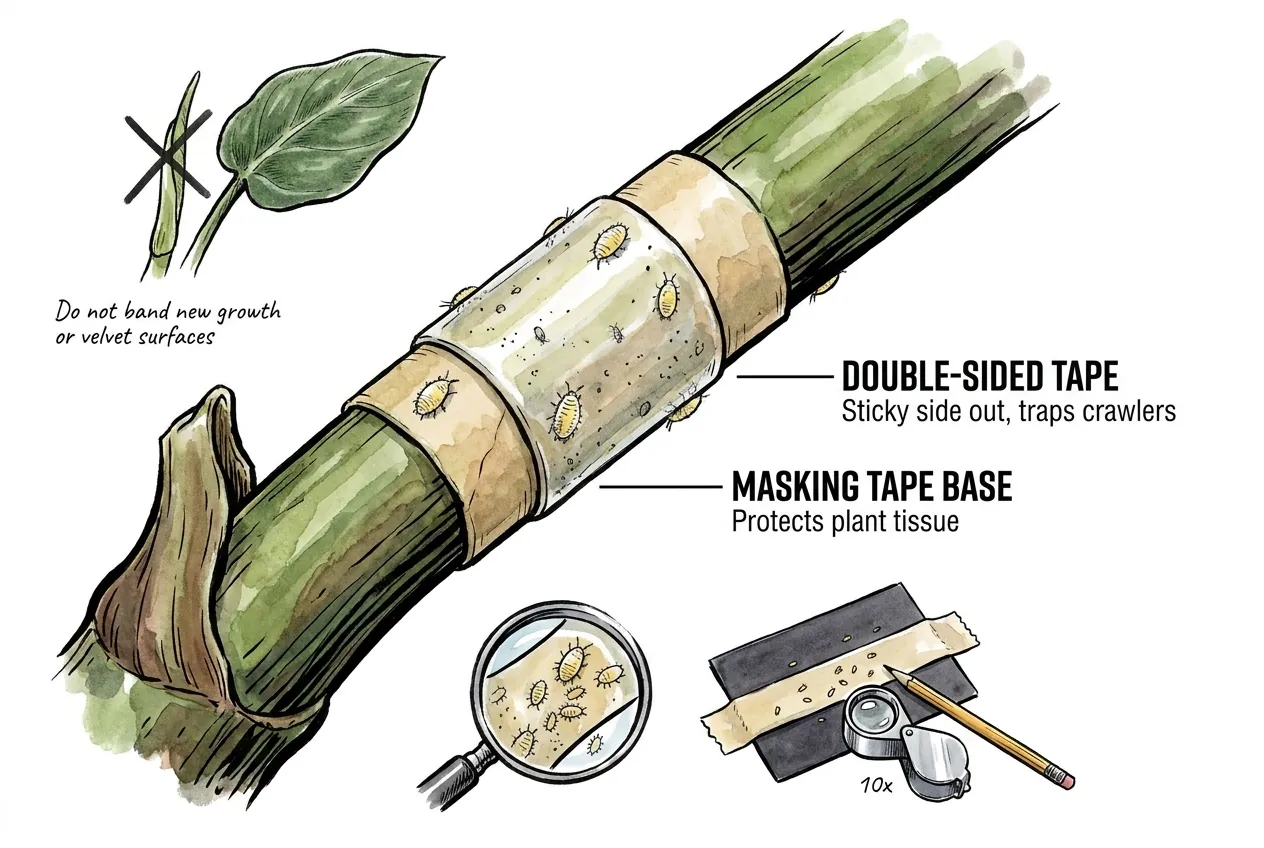 Double-sided tape band over a masking tape base trapping crawlers on a philodendron petiole