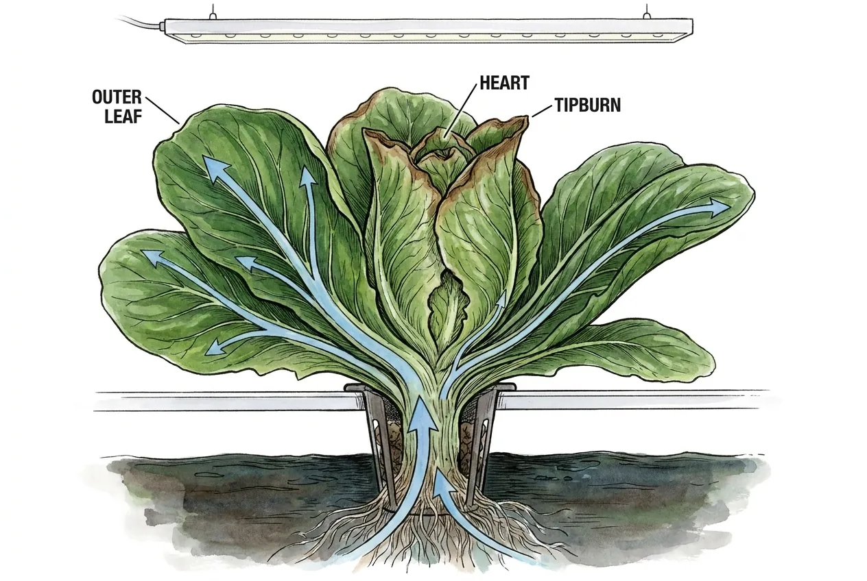 Blue arrows carry water from roots into large outer leaves, leaving the heart with tipburn