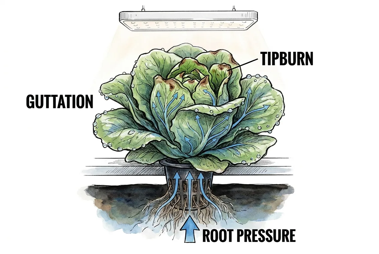 Lettuce with root pressure arrows, water beads on leaf edges, and tipburn in the heart