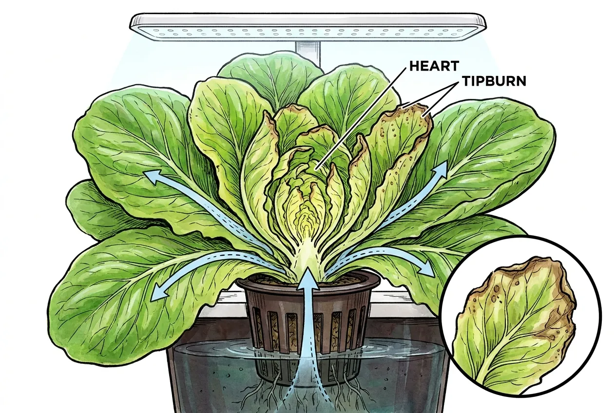 Lettuce head with brown dead margins on inner heart leaves and a close-up circle