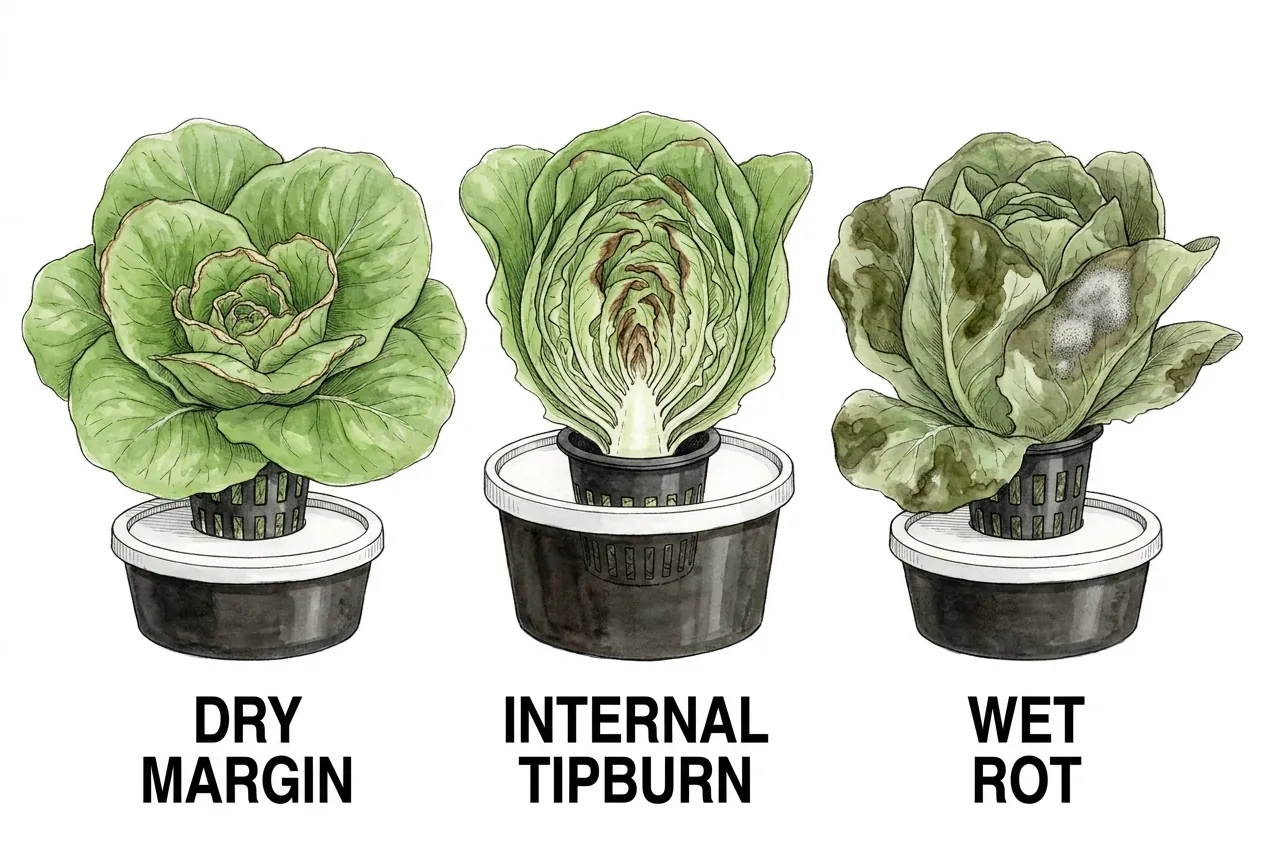 Three lettuces compared showing dry tan margins on inner leaves, internal tipburn, and dark wet rot