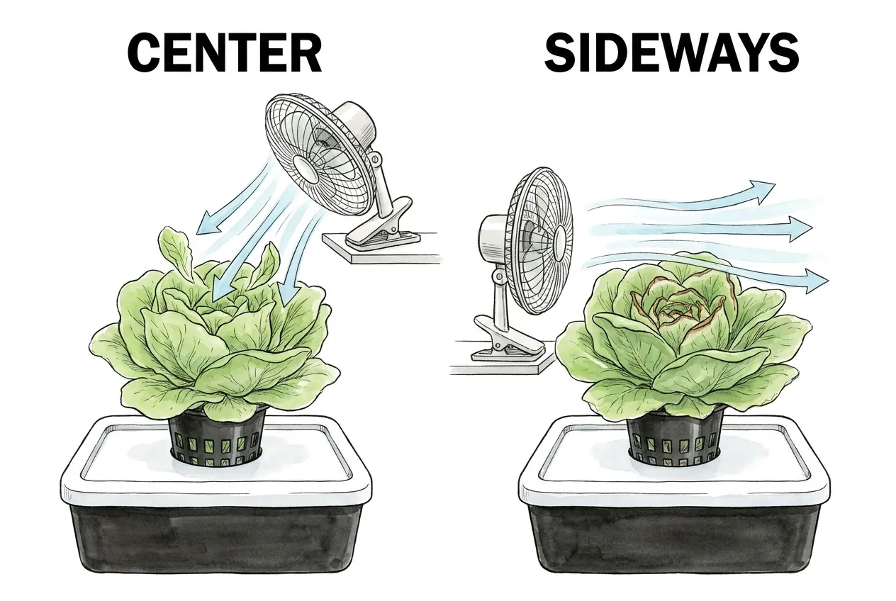 Fan angled down into lettuce center versus fan blowing sideways across the leaf tops