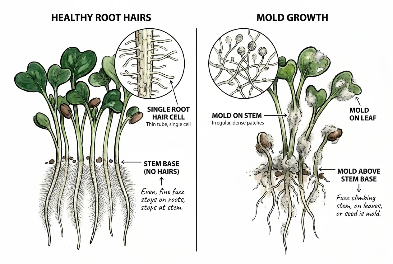 Root hair fuzz on seedling roots compared with mold patches on stems, leaves, and seeds