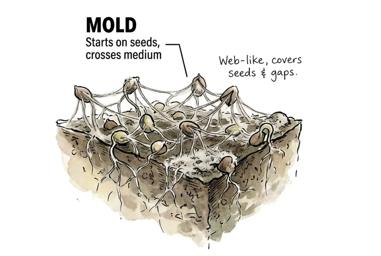 Mold threads webbing from seed to seed across the growing medium of a microgreen tray