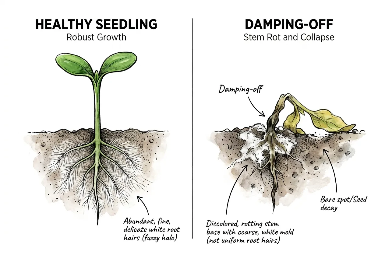 Healthy seedling with fuzzy root hairs beside a collapsed seedling with a rotted stem base