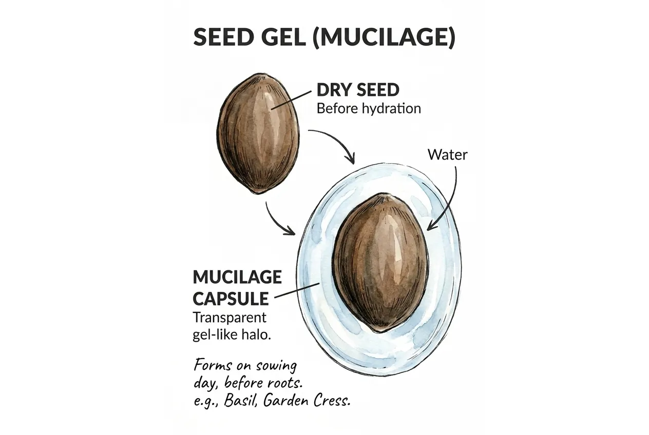 Dry seed and the same seed wrapped in a clear mucilage gel halo after wetting