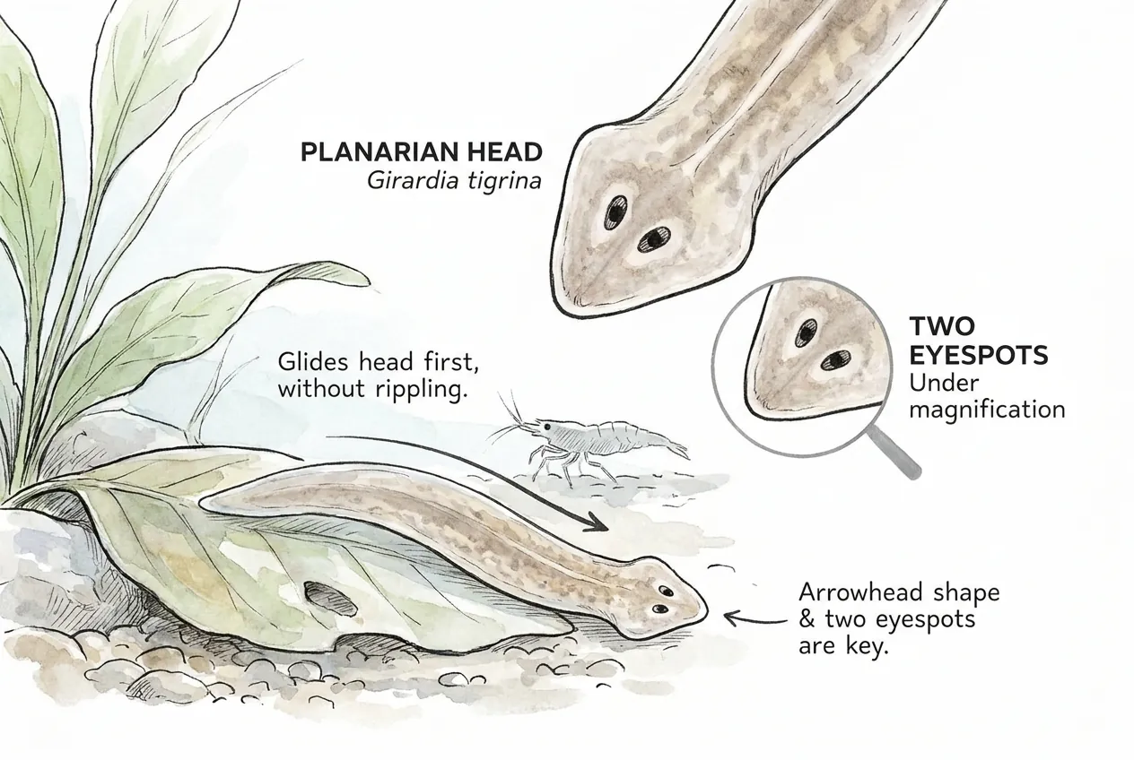 Planarian with an arrowhead head and two eyespots gliding near a shrimp