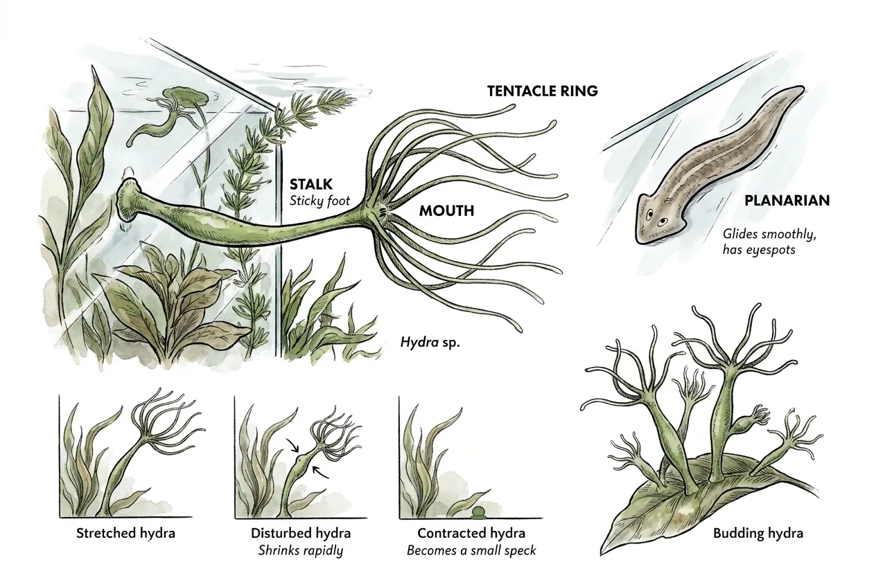 Green hydra stalk and tentacle ring beside a planarian, shown stretched, contracted, and budding