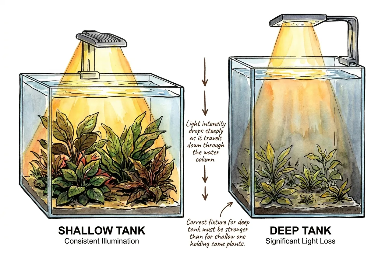 Side-by-side diagram of a shallow planted tank and a deep planted tank showing how LED light reaches the substrate in the shallow tank but weakens before reaching the bottom of the deep tank.