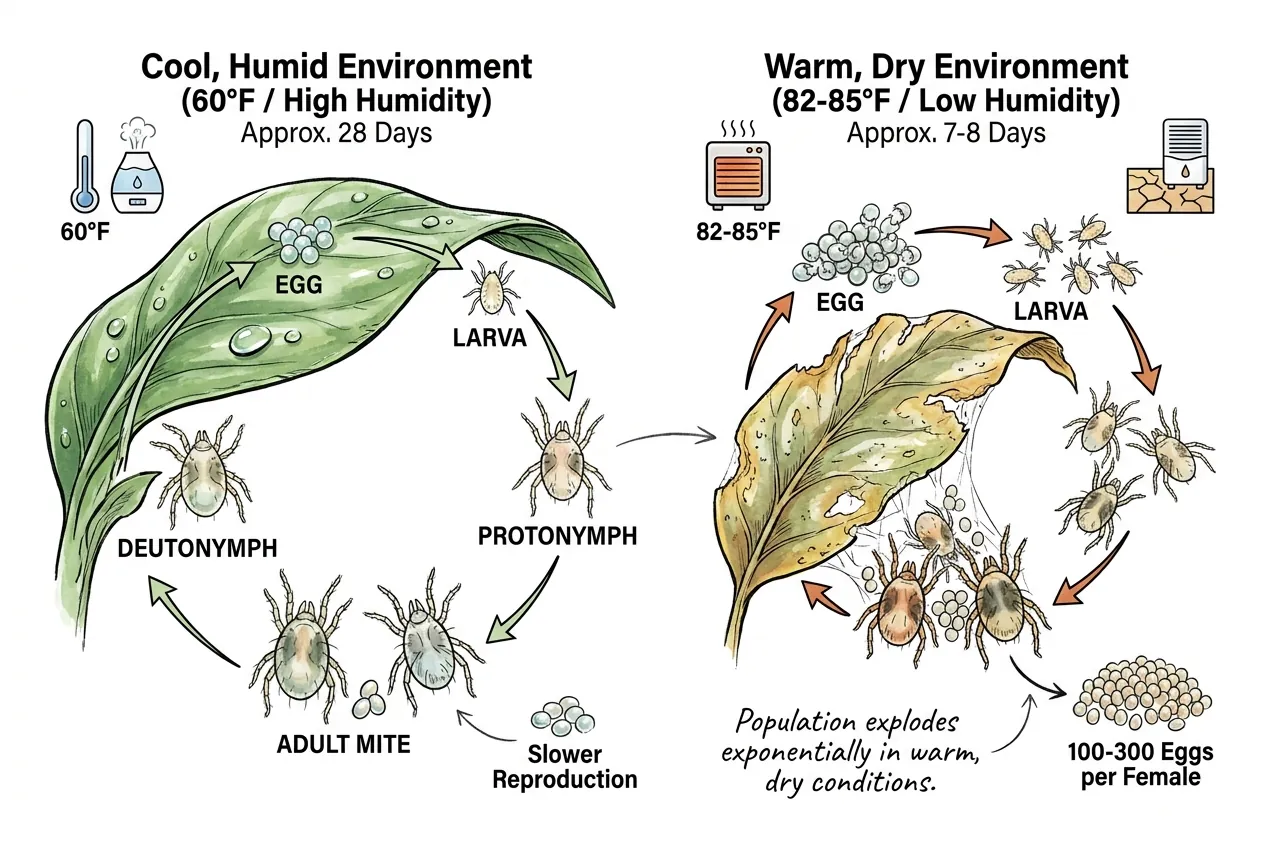 Two-spotted spider mite life stages from egg to adult on a leaf
