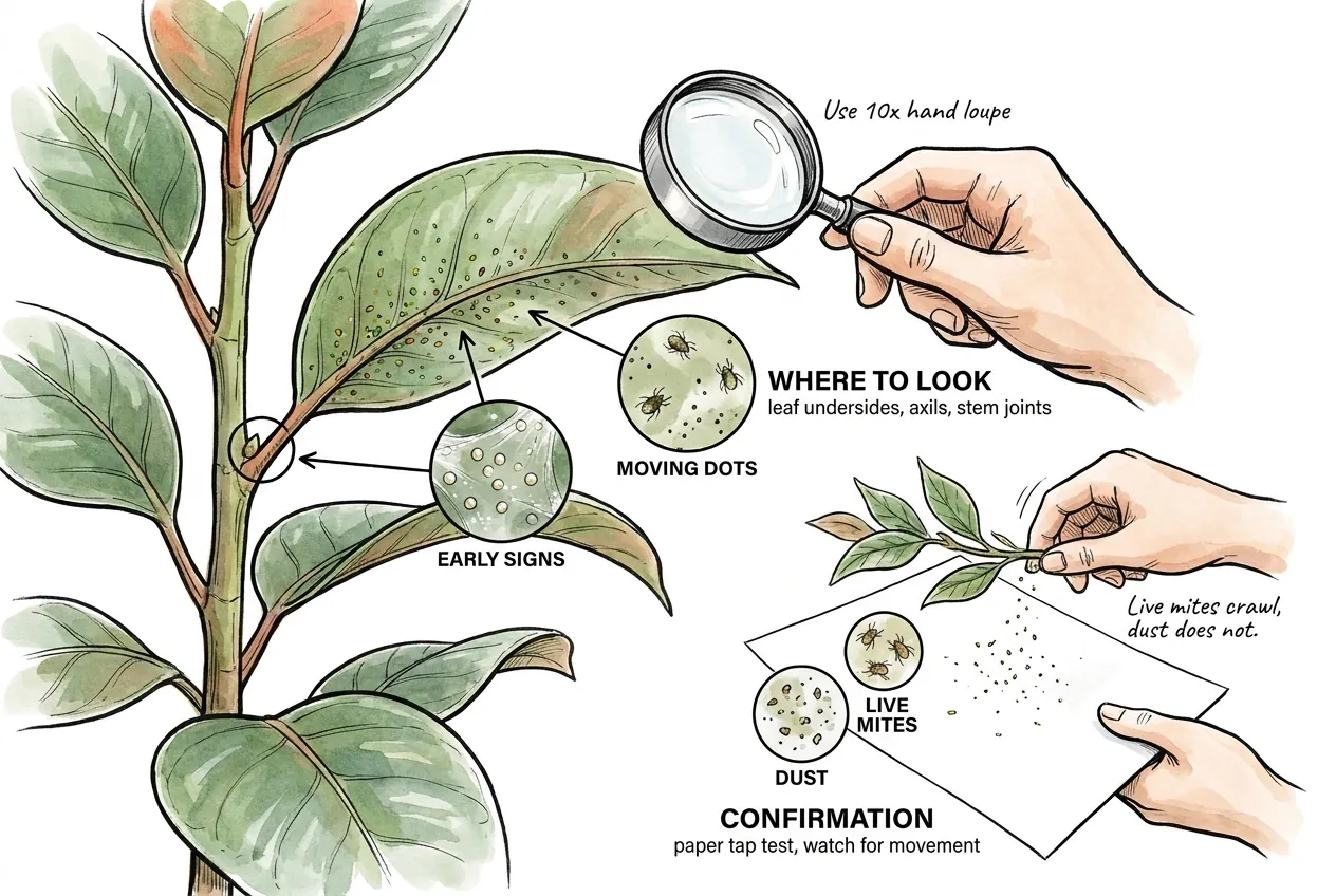 Hand lens inspecting a leaf underside over white paper