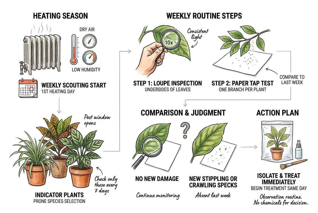 Grower checking indicator houseplants with a loupe near a radiator