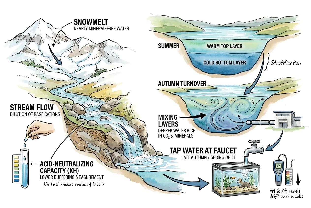 Snowmelt entering a stratified reservoir as autumn turnover mixes deep water toward the intake